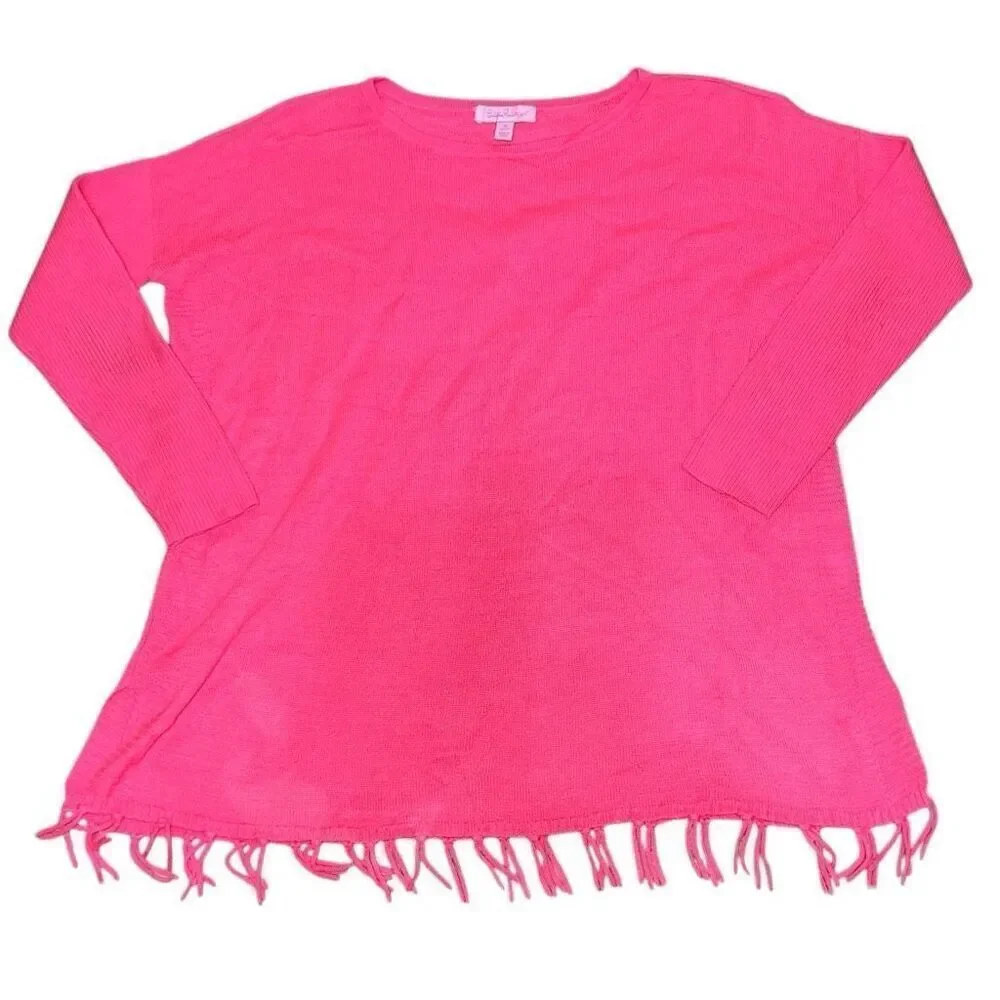 Lilly Pulitzer Girls Ramona Fringe Sweater Hot Pink Oversized Knit size XL 12-14